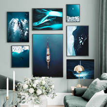 Pintura em tela aurora, barco baleia, geleira, mar azul, parede, arte, nórdico, posteres e impressões, imagem de parede para sala de estar, decoração de casa 2024 - compre barato