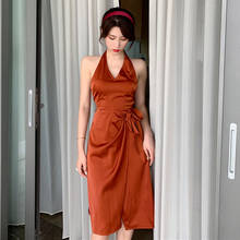 Women Midi Caramel Satin Halter Dress Summer 2022 Sexy Slim Backless Korean Party Night Club Runway Vestidos New 2024 - buy cheap
