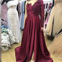 PEORCHID 2020 Beaded Burgundy Evening Dresses Long Sleeve One Shoulder Luxury Satin Slit Sexy Party Dress Formal Gown 2024 - buy cheap