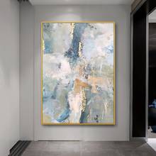 Pinturas Modernas para pasillo, pasillo, dorado Luxu abstracto de luz azul, pintura decorativa para sala de estar, pintura al óleo pintada a mano 2024 - compra barato