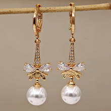 New Pearl bowknot earrings long Drop Earrings for Women's earrings Gold Filled white zircon Dangle Earrings Wedding Jewelry Gift 2024 - buy cheap