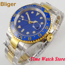 Bliger-Reloj de pulsera automático para hombre, de 40mm, dorado, GMT 3804, resistente al agua, esfera de rayas azules, cristal de zafiro luminoso, bisel de cerámica, 145 2024 - compra barato