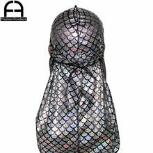 Unisex Men Reflective Fish Scale Silk Durag Long Tail Straps Waves Bandana Hat Turban Do Du Rags Shiny Silky Durags 2024 - buy cheap