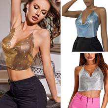 Mulheres Halter Sexy Camisole Top Brilhante Para O Verão Sem Mangas V Neck Backless Casual Regatas Feminino Cor Sólida Colete Блестящий 2024 - compre barato