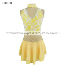 LIUHUO Figure Skating Dress Women's Girls' Ice Skating Dress Competition Stand collar sleeveless yellow Lace fabric Kids clothes 2024 - buy cheap