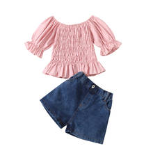 2-6years menina lanterna manga e shorts definir moda cor sólida barco pescoço babados camiseta e denim calças curtas 2024 - compre barato