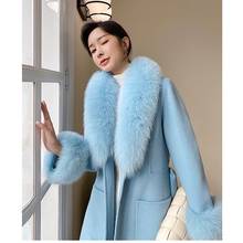 New 2021 Winter Women Real Fur Wool Cashmere Blend Coat Ladies Belted Thick Fox Fur Cuff  Overcoats 2024 - buy cheap