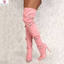 Original Intention New Pink Wine Red Over Knee High Boots 3 Buckles Pointed Toe Sexy Thin High Heels Winter Casual Shoes Female 2024 - buy cheap