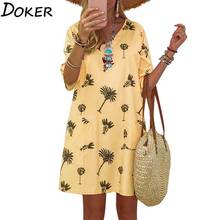 2020 Summer Print Vintage Casual Dresses For Women Plus Size V-neck Short Sleeve Mini Dress Beach Loose Yellow Boho Dress Femme 2024 - buy cheap