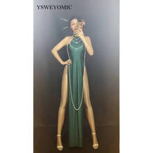 Vestido cheongsam verde para mujer, ropa de noche sin mangas con cuello Halter, con horquilla alta, para actuaciones, trajes de cantante y bailarina 2024 - compra barato