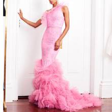 Fashion Robe de soiree One Shoulder Mermaid Evening Formal Dress Long Ruffled Tulle Lace Elegant Prom Gown Hot Pink abendkleider 2024 - buy cheap