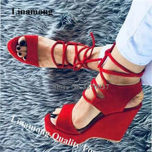 Linescolha sandálias femininas para o verão, sapatos de salto alto de camurça e couro aberto com alça cruzada, preto e vermelho, com salto 2024 - compre barato