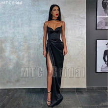 Новый дизайн, черные сексуальные платья для выпускного, на бретелях-спагетти, с высоким разрезом, плиссированное атласное женское платье для вечерние ринки, женское длинное платье 2024 - купить недорого