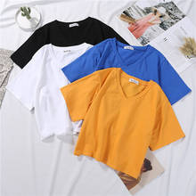 Хлопковая однотонная женская футболка с V-образным вырезом, повседневный Топ, футболка с высокой талией, облегающая Базовая футболка, летняя уличная одежда, белая женская футболка 2024 - купить недорого