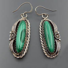 Pendientes colgantes de piedra verde Ovalada para mujer, aretes con patrón de tallado étnico Vintage, moda 2021, regalo de boda femenino 2024 - compra barato