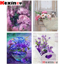 KEXINZU-Pintura de diamante cuadrado completo, bordado de flores, rosa púrpura, patrón de diamantes de imitación, mosaico, costura, bricolaje, Y04 2024 - compra barato