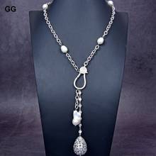 GuaiGuai Jewelry Cz Pave Teardrop Keshi Pearl Pendant Natural White Rice Pearl CZ Chain Necklace For Women 2024 - buy cheap