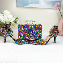 Mulher sapatos de casamento e bolsas conjunto multicolorido cristal sapatos de salto alto apontou toe senhoras vestido de festa sapatos femininos bombas de renda 2024 - compre barato