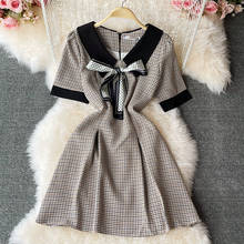 Sweet Turn-Down Collar Bow Houndstooth Dress Female Summer High Waist 2021 New Korean Plaid Office Lady Women's Clothing 2024 - buy cheap