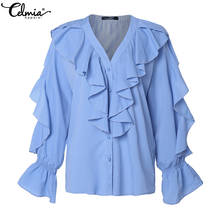 Celmia Women Sweet Ruffled Blouse 2021 Autumn V neck Long Sleeve Female Casual Fashion Blue Shirt Stylish Tops Blusas Plus Size 2024 - buy cheap
