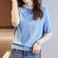 LJSXLS 2021 Summer Short Sleeve Korean Sweater Knitted Pullover Women Ice Silk Tops O Neck Blue Clothes Pull Femme Jumper Female 2024 - buy cheap