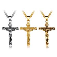 Colares inri de cruz com pingente de jesus, colares vintage para homens de aço inoxidável com crucifixo religioso, presente de joalheria 2024 - compre barato
