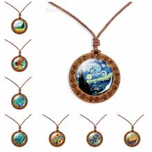fashion simple design wood jewelry van gogh starry night sunflowers glass cabochon wood pendant necklace for friends gifts 2024 - buy cheap