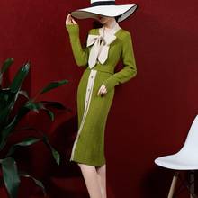 2020 basic Women bow Split Dress long sleeve Slim Knitted Button Dress Long Stretch Ladies office winter autumn dress 2024 - buy cheap