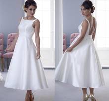 Simple Satin Vintage Tea Length Short Wedding Dresses 2020 Sleeveless Boat Neck A-line 1950s Beach Bridal Gowns Informal 2024 - buy cheap