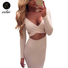 Sexy Tight Mini Dress Party Night 2021 Clubwear Deep V Neck Crop Top Dress Plunge Long Sleeve Sukienka Solid Color Wrap Dress 2024 - buy cheap