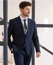 New Navy Blue Stripe Men Suits 3 Pieces Grey Vest Costum Homme Groom Wedding Terno Masculino Slim Fit Blazer Jacket+Pant+Vest 2024 - buy cheap