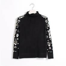 Женские Пуловеры Весна-Осень 2020, облегающие черные свитера с цветочным 3D бисером и блестками, водолазка, винтажные вязаные топы, свитера 2024 - купить недорого