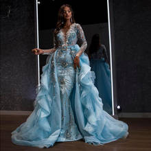 Luxury Shiny Rhinestone Mermaid Evening Dresses With Puffy Detachable Train Vintage Full Sleeves Beaded Crystal Evening Gowns 2024 - buy cheap