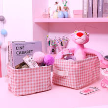 Desktop Girl Cute Pink Plaid Home Cotton Linen Fabric Storage Basket Cosmetics Sundries Home Organizer 2024 - buy cheap