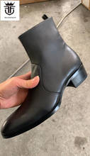 Fr. lancelot botas masculinas de couro brilhante, botas de couro preto com zíper lateral no tornozelo, sapatos de festa, salto médio 5cm para homens 2024 - compre barato