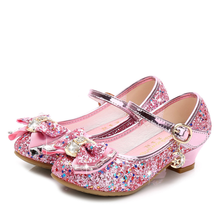 Princess Kids Leather Shoes for Girls Flower Casual Glitter Children High Heel 2020 Girls Shoes Butterfly Knot Blue Pink Silver 2024 - buy cheap