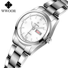 Wwoor relógio quartzo pulseira aço inoxidável, feminino luxuoso vestimenta casual calendário à prova d'água luminoso 2024 - compre barato