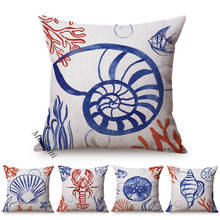 Blue Ink Painting Cushion Cover Nautilus Ocean Conch Lobster Home Decoration Square Pillowcases Cotton Linen Sofa Pillow Cover 2024 - buy cheap