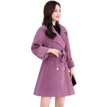 Зимняя куртка женская новая однотонная шерстяная куртка Корейская верхняя одежда средней длины свободный большой размер с поясом двубортное Женское шерстяное пальто 2024 - купить недорого