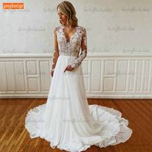 Elegant Boho White Wedding Dress 2020 Long Sleeve Sexy Chiffon A Line Bridal Dresses Women Party Gown Custom Made Robe De Mariee 2024 - buy cheap