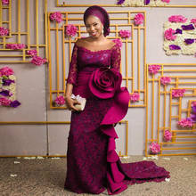 Gorgeous Fuchsia Mermaid Evening Formal Dress Asoebi Style Long Sleeve Lace Prom Gown Plus Size Nigeria Women Ruffle Party Dress 2024 - buy cheap