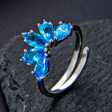 Роскошное женское натуральное кольцо с аквамарином, настоящее Твердое Серебро 925 пробы, открытые кольца для женщин, регулируемое обручальное кольцо 2024 - купить недорого
