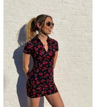 Vestido Vintage de verano para mujer, prenda ajustada con estampado Floral de cereza, manga corta, botones de solapa, minivestido acampanado de una pieza 2024 - compra barato