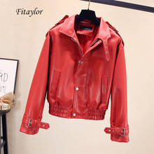 Fitaylor Autumn Faux Soft Leather Short Loose Jackets Women Epaulet Zipper Biker Overcoat Female Red Black Pu Leather Jacket 2024 - купить недорого