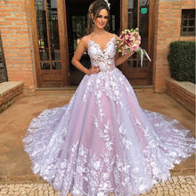 Pink V Neck Wedding Bridal Dress Sweep Train White Appliques Robe De Mariee Boho Dubai Arabic Abito Da Sposa Long Dresses 2024 - buy cheap