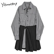 Yitimuceng Plaid Fake 2 Pieces Button Dresses for Women Pleated Spring 2021 Square Collar Long Sleeve Loose Waist Office Lady 2024 - buy cheap