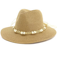 Летняя соломенная шляпа HT3645 с плоскими полями, модная пляжная шляпа от солнца с бусинами и ремешком, Мужская и Женская Ковбойская Панама с широкими полями, праздничная пляжная шляпа для путешествий 2024 - купить недорого