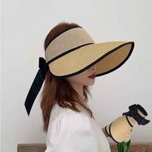 2021 novo verão chapéus de palha para as mulheres chapéu de praia vazio superior feminino sol proteção uv chapéu dobrável chapeau menina bowknot boné 2024 - compre barato