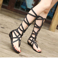 T-strap hollow out women flat sandals black/gold summer boots shoes long design knee high gladiator sandalias mujer punk shoes 2024 - buy cheap