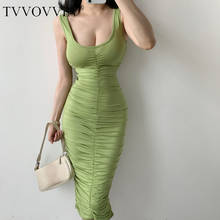 TVVOVVIN Sexy U-neck Low Chest Fold High Waist Show Thin Package Hip Elastic Solid Color Dress Long Dresses Sexy Robe VZEN 2024 - buy cheap